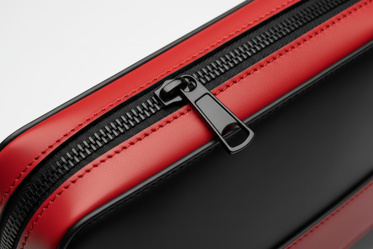 Modern Travel Pouch in Red and Black, calfskin leather and hardware macro close-up