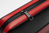 Modern Travel Pouch in Red and Black, calfskin leather and hardware macro close-up