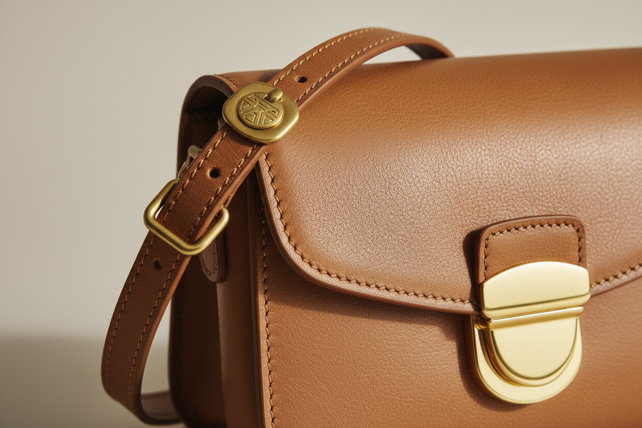 Everyday Mini Crossbody in Warm Almond, strap hardware and leather close-up