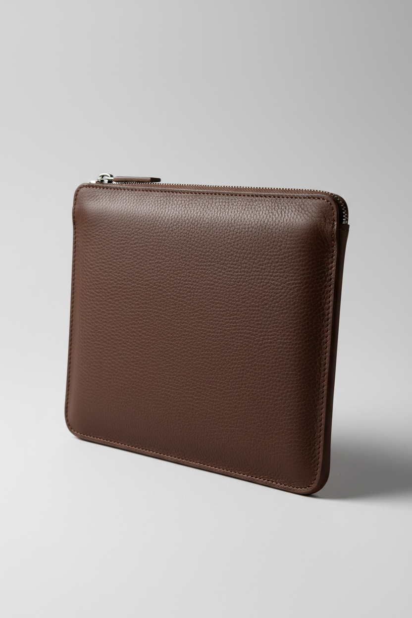 Elite Office Carry Pochette in Claywood Brown Handcrafted Grain Leather – Angled View