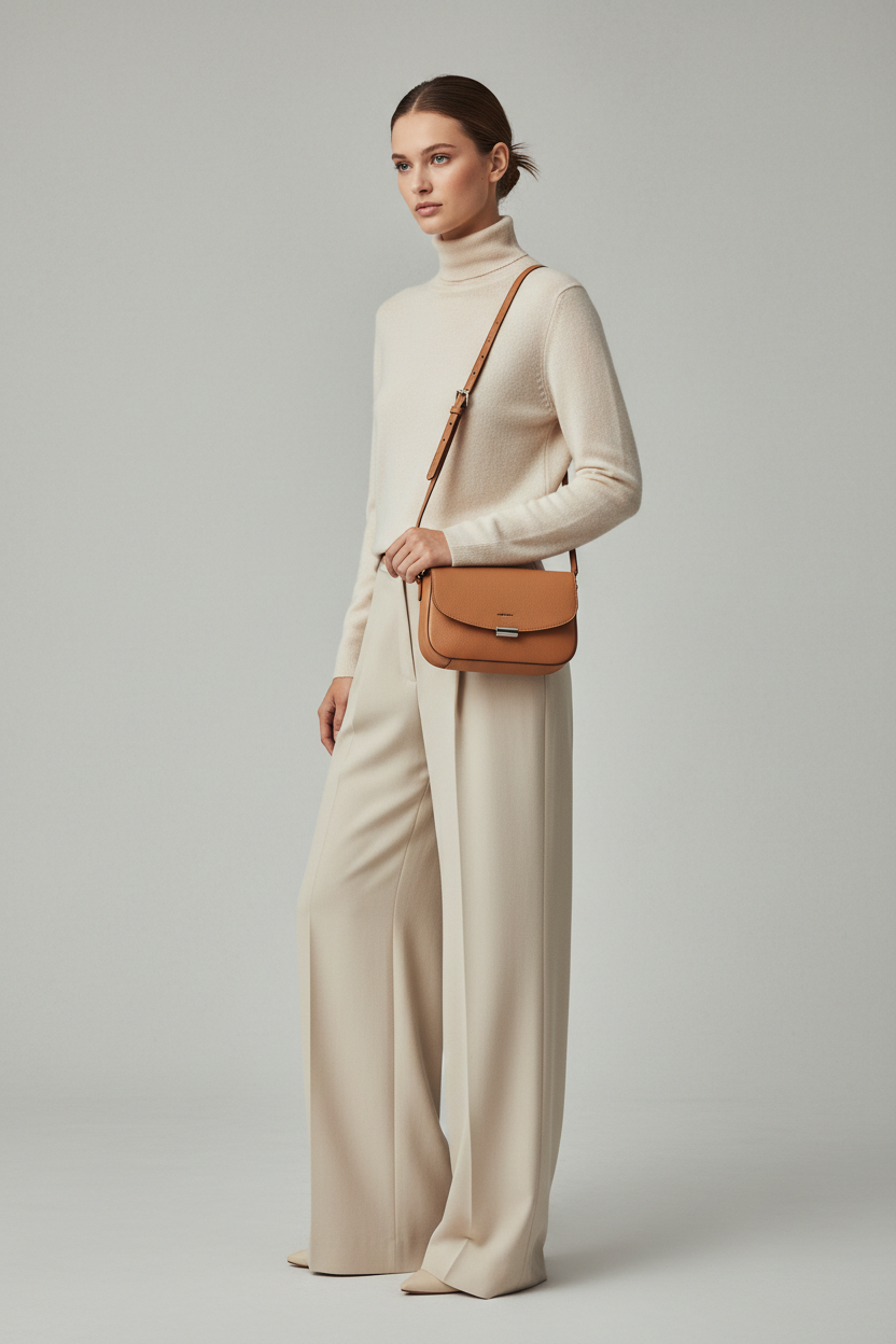 Female model wearing Everyday Mini Crossbody in Warm Almond