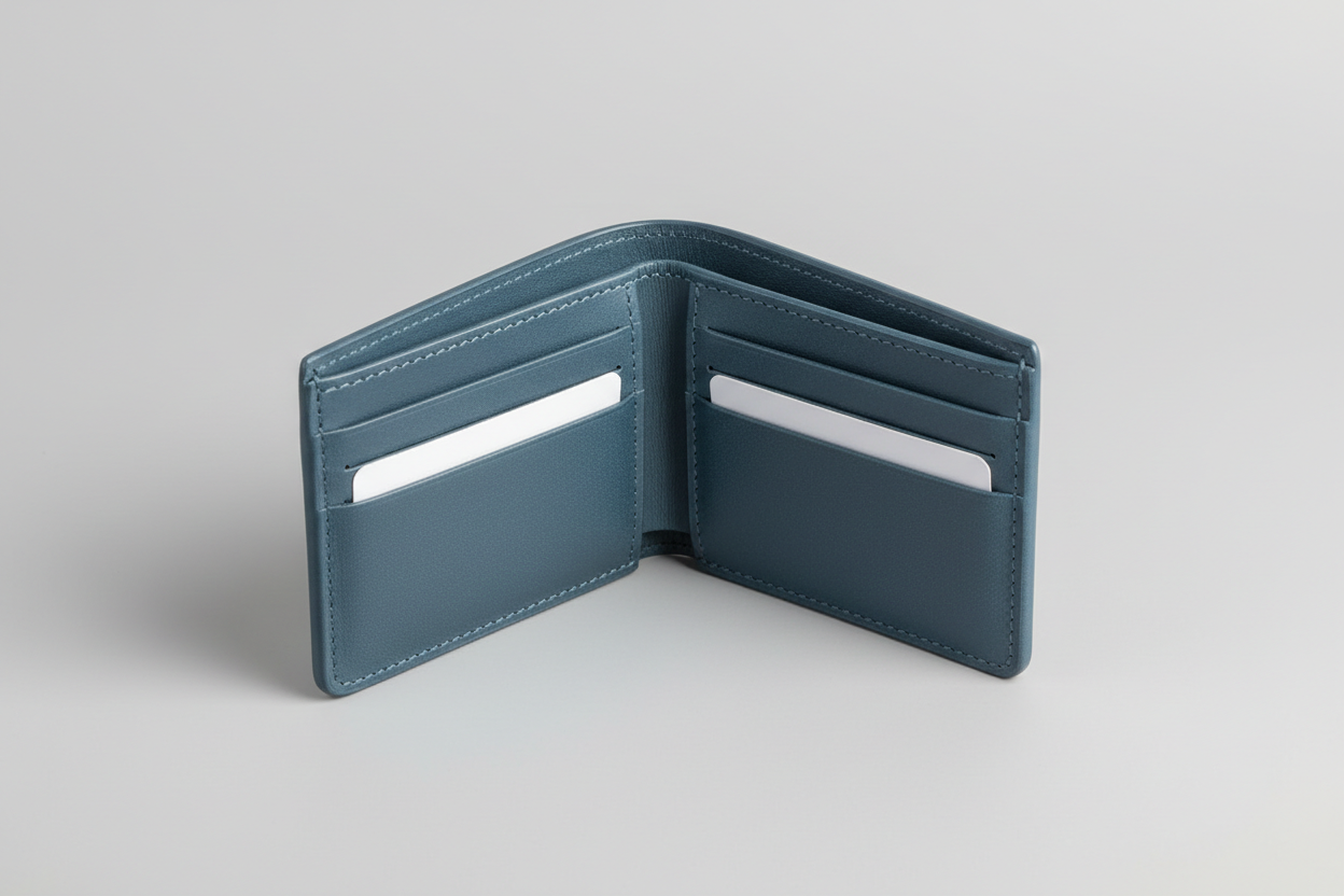Executive Mini Porte-Cartes in Steel Harbor Glacier, open interior with card slots